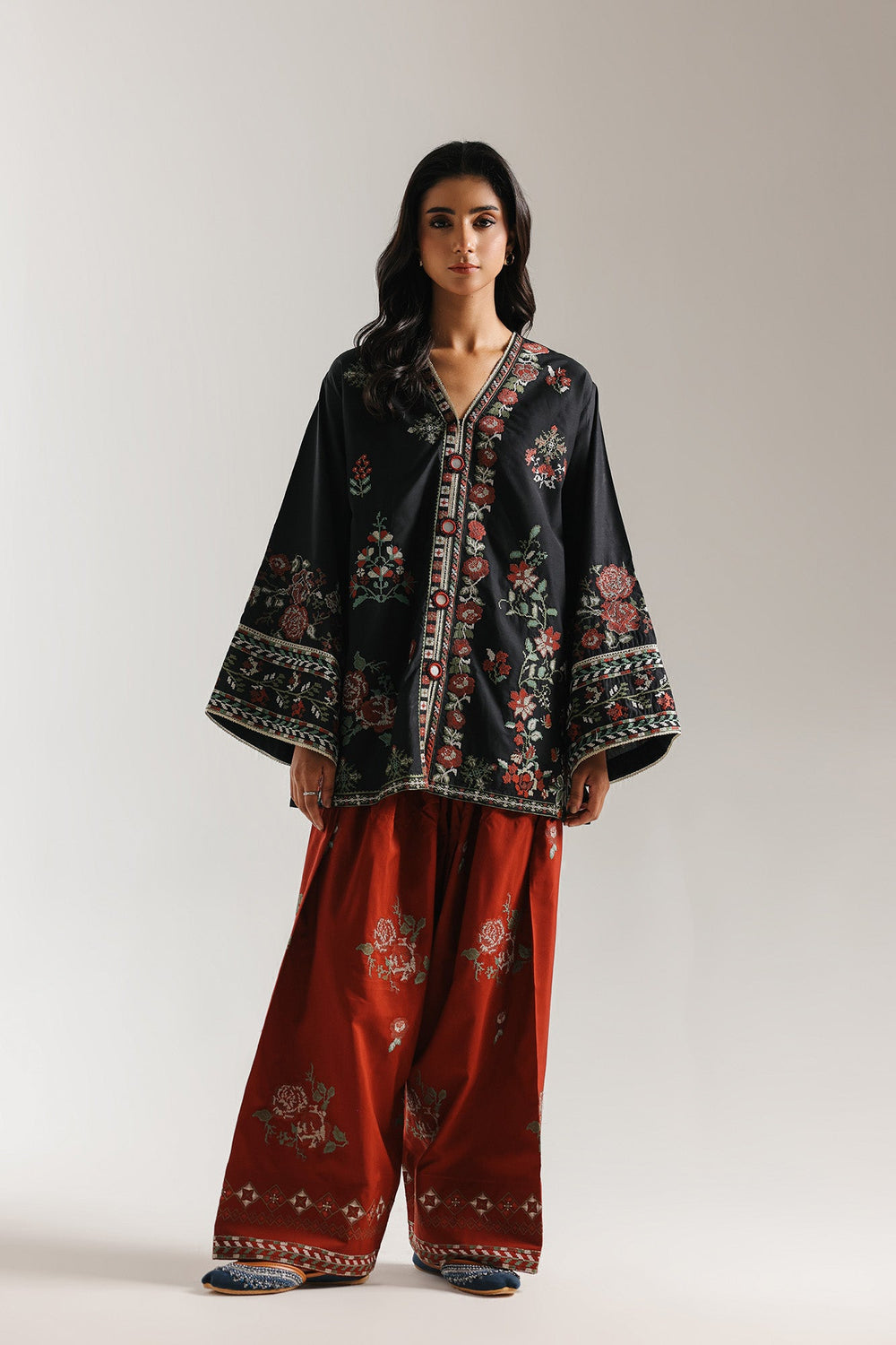 Ebony & Ember: The Floral Farshi Shalwar Ensemble