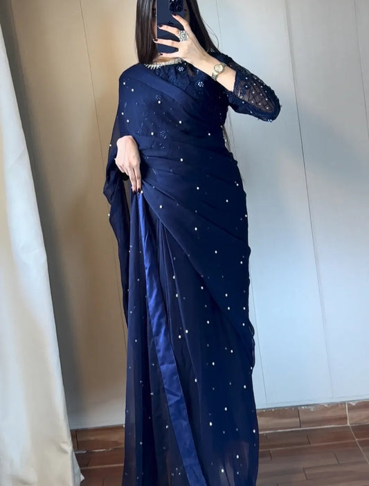 Chiffon Saree with Pearls attached and Organza fully embroidery blouse