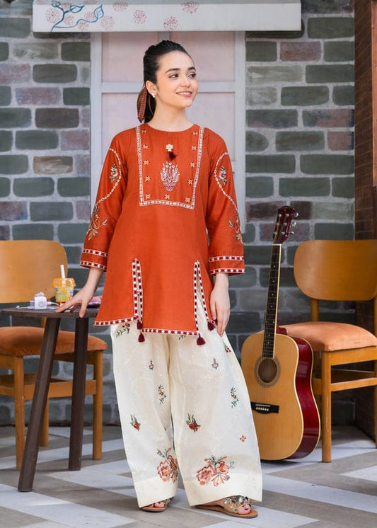 Amber Rust Embroidered Co-Ord Set with Floral Farshi Shalwar