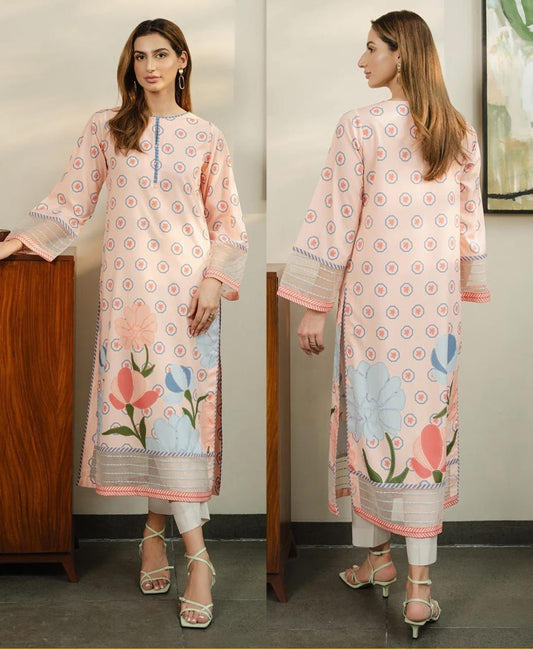 Peach Floral Printed Long Shirt with Trouser
