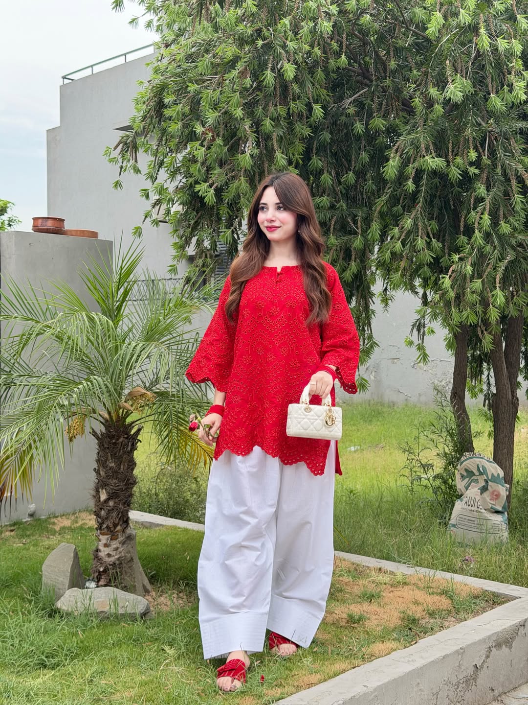 Luxury Chikankari Laser-Cut Eyelet Kurti Tunic with Farshi Shalwar - Summer Collection