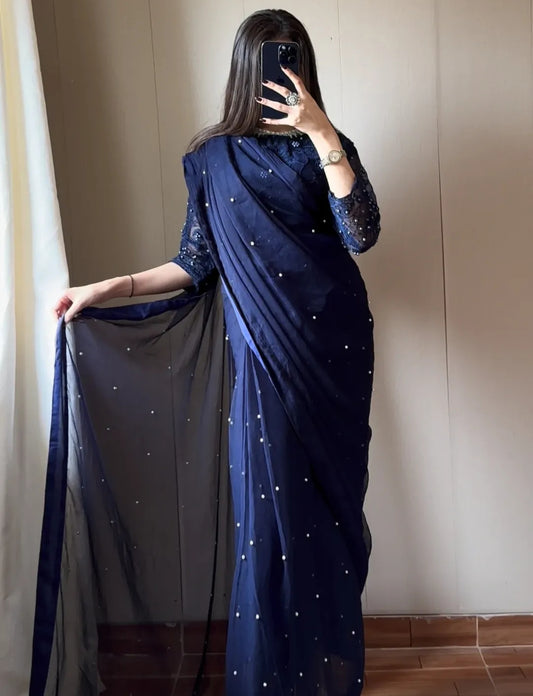 Chiffon Saree with Pearls attached and Organza fully embroidery blouse
