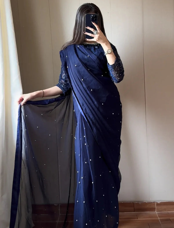 Chiffon Saree with Pearls attached and Organza fully embroidery blouse