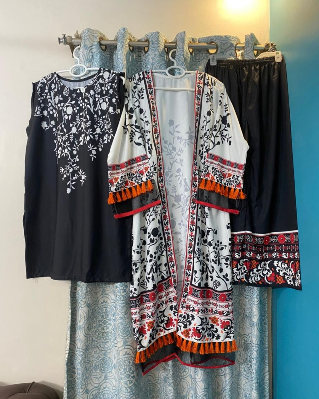 Monochrome Garden Kimono with Red Accents Three piece Suit