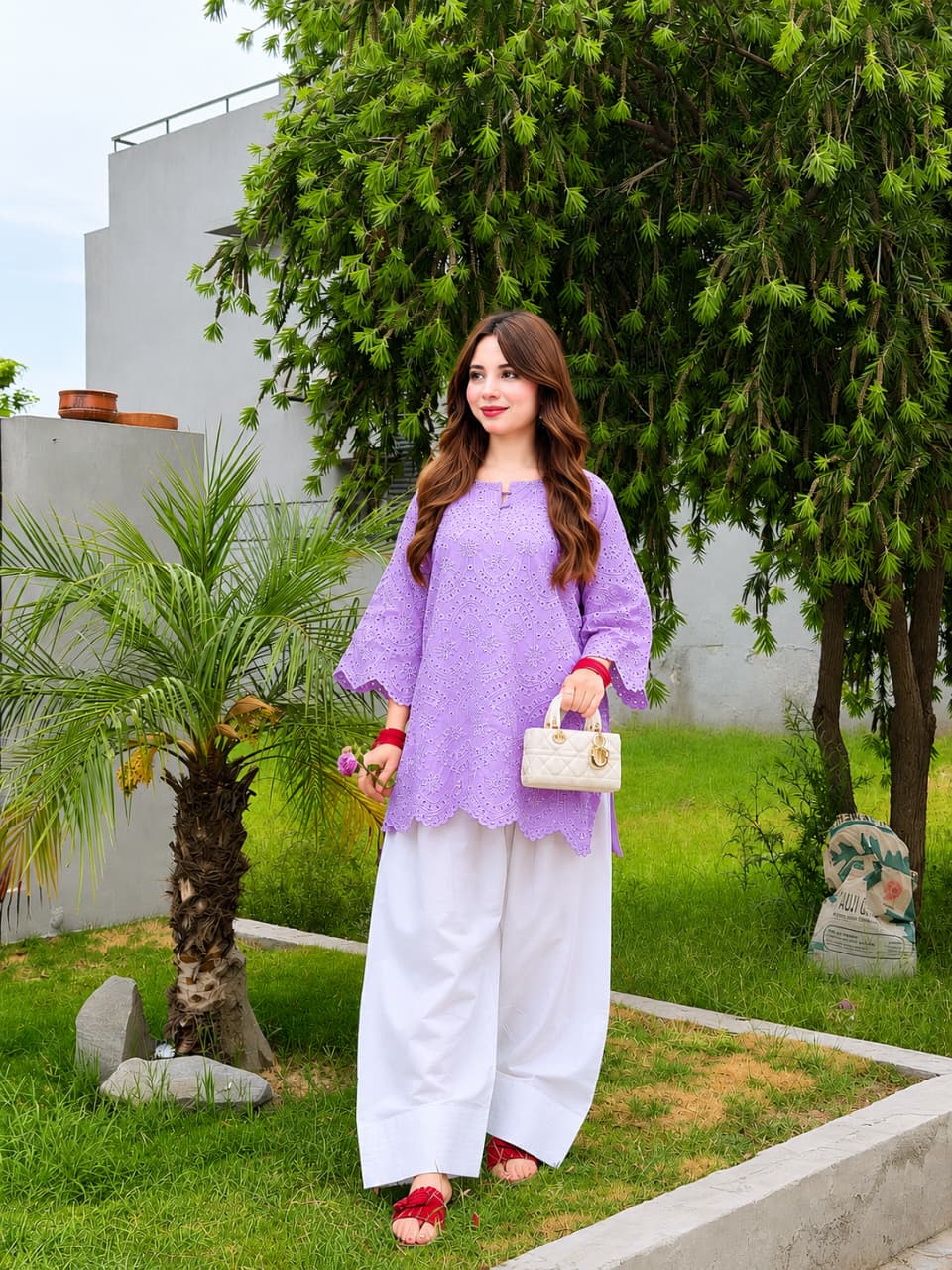 Luxury Chikankari Laser-Cut Eyelet Kurti Tunic with Farshi Shalwar - Summer Collection