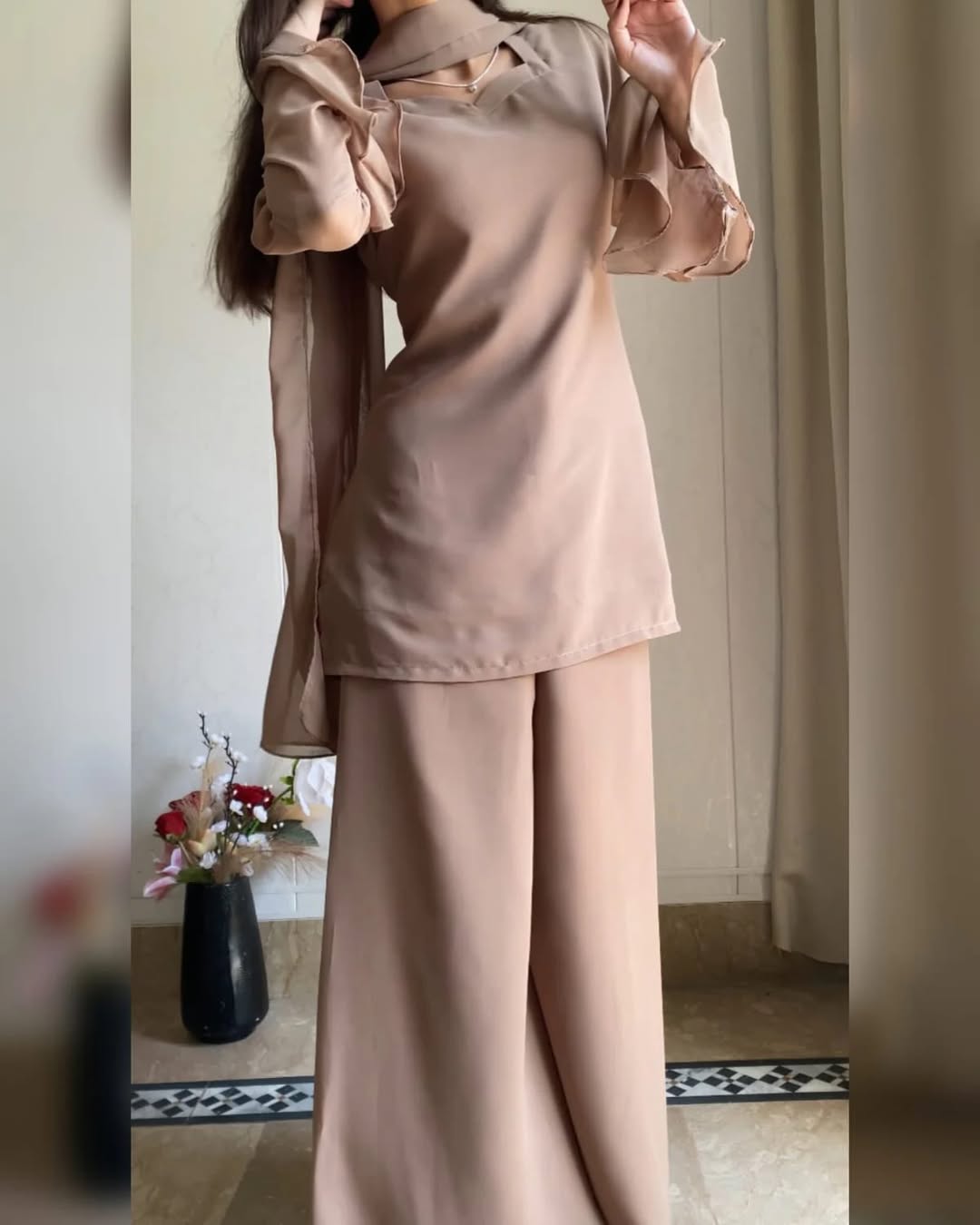 Elegant Chiffon Georgette 3-Piece with Ruffle Sleeves