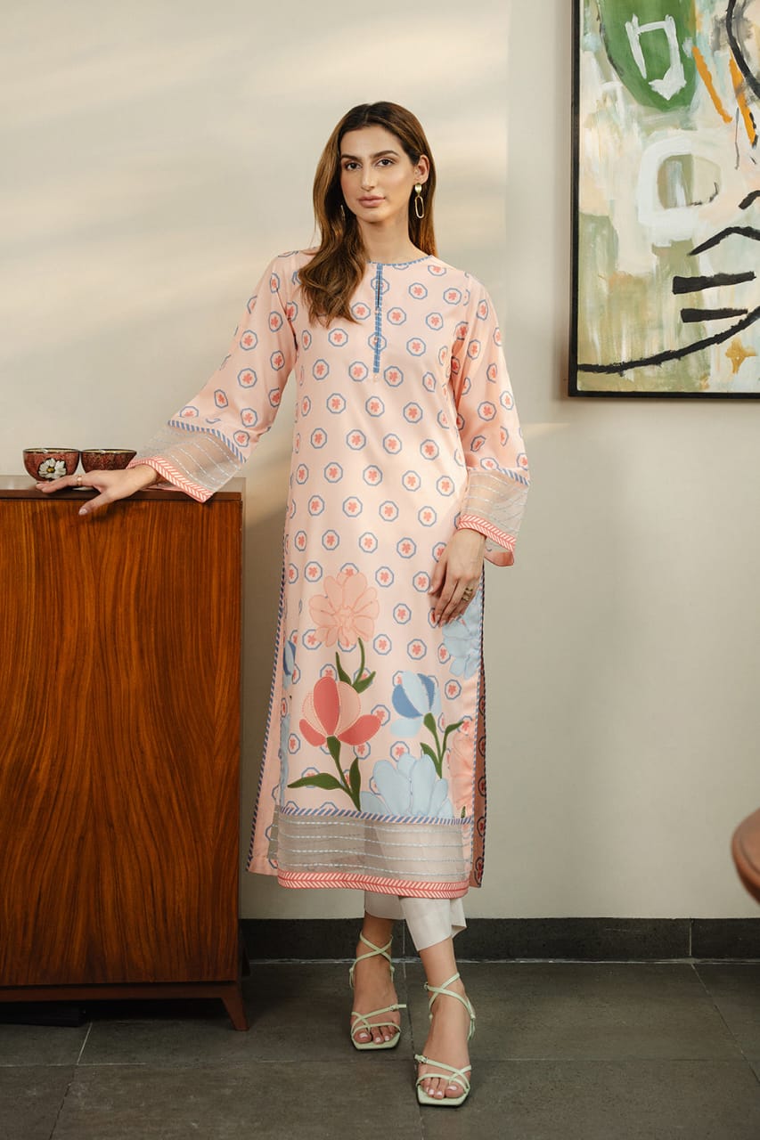 Peach Floral Printed Long Shirt with Trouser