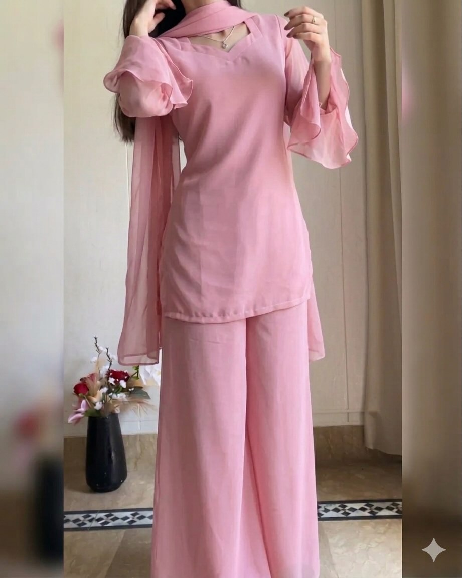Elegant Chiffon Georgette 3-Piece with Ruffle Sleeves