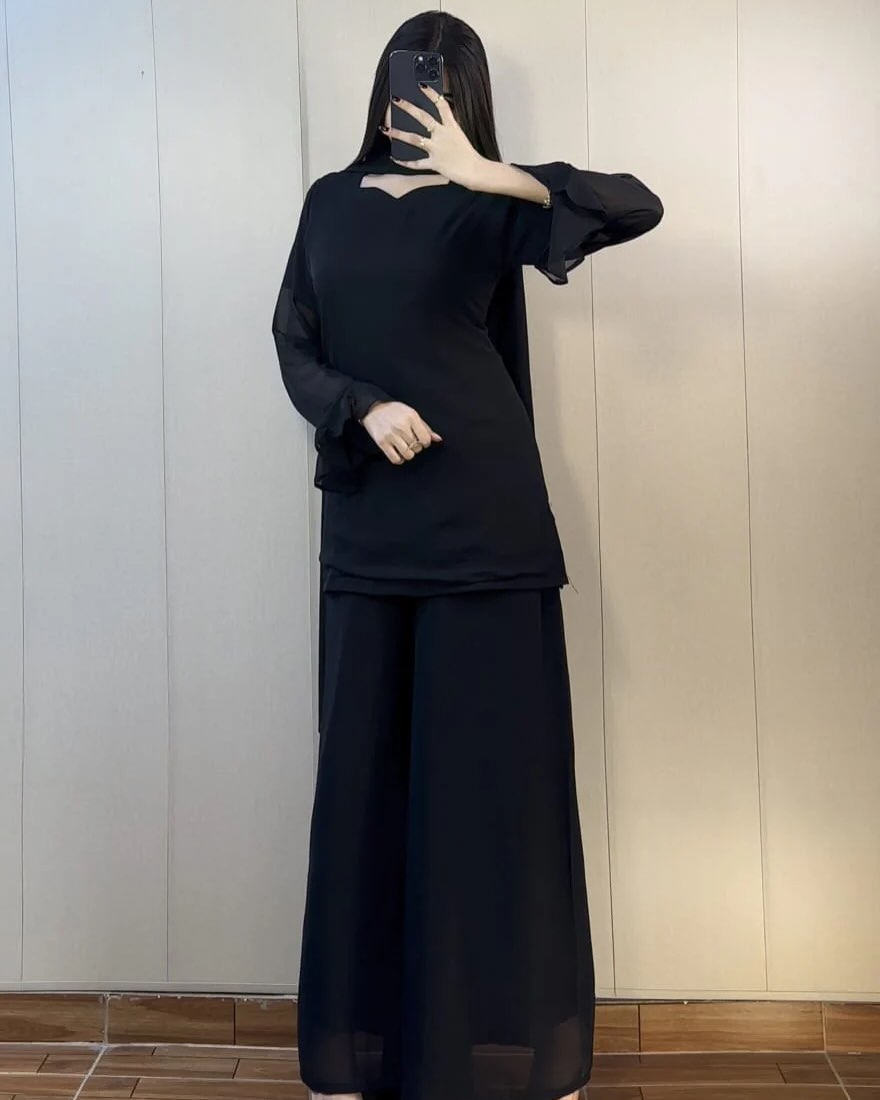 Elegant Chiffon Georgette 3-Piece with Ruffle Sleeves