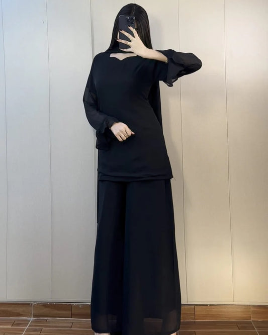 Elegant Chiffon Georgette 3-Piece with Ruffle Sleeves
