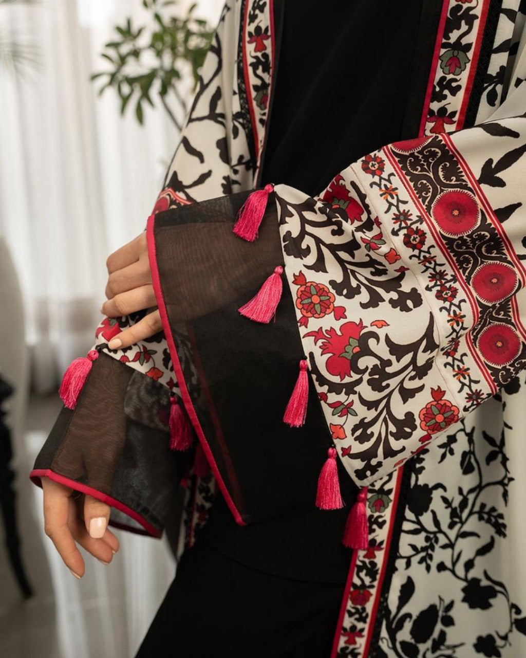 Monochrome Garden Kimono with Red Accents Three piece Suit
