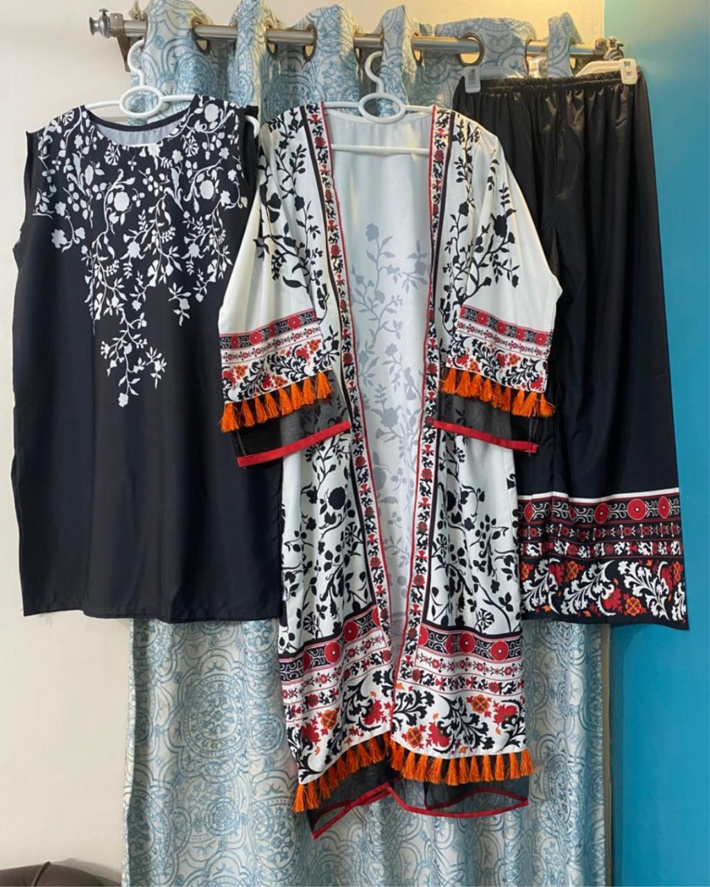 Monochrome Garden Kimono with Red Accents Three piece Suit