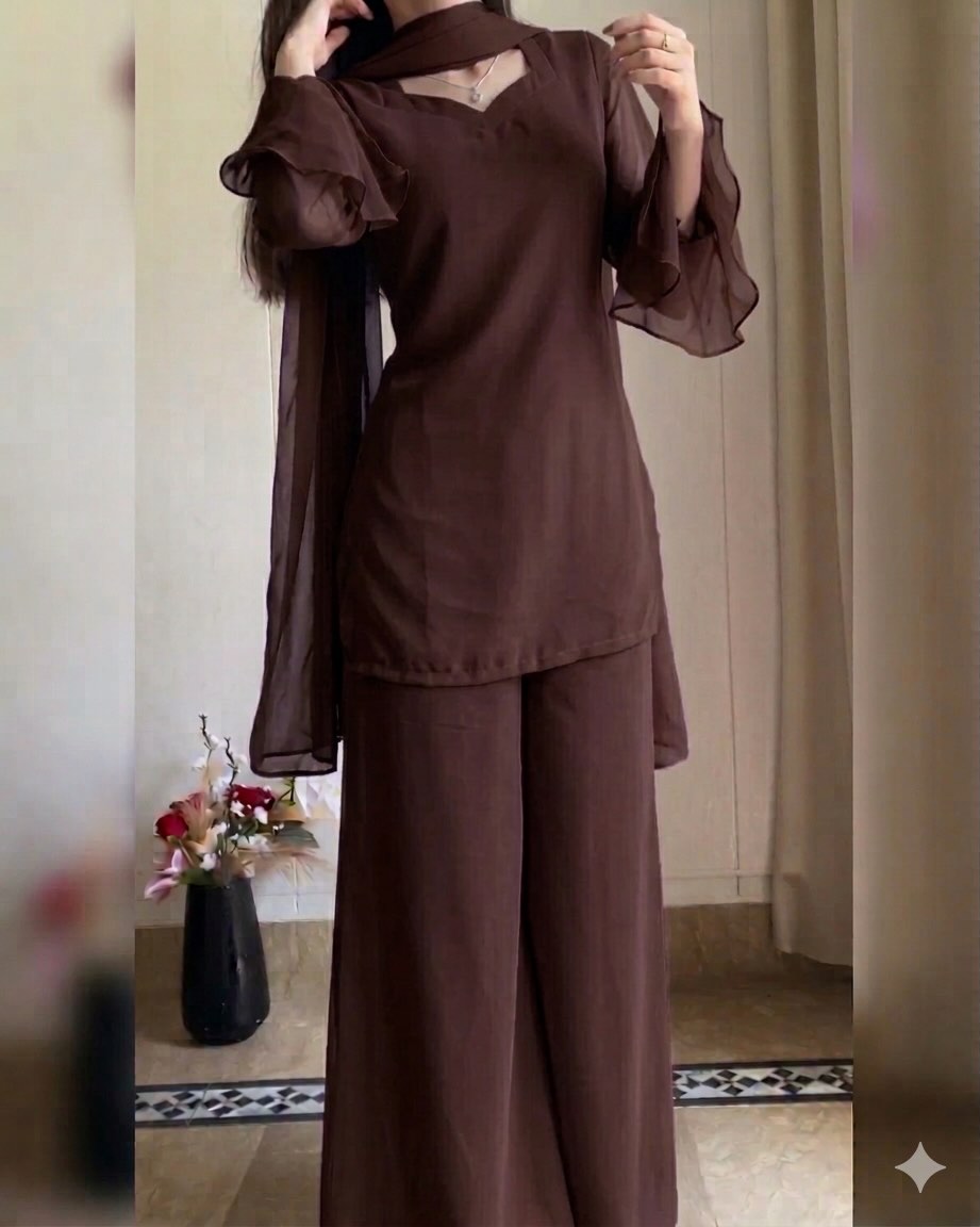 Elegant Chiffon Georgette 3-Piece with Ruffle Sleeves