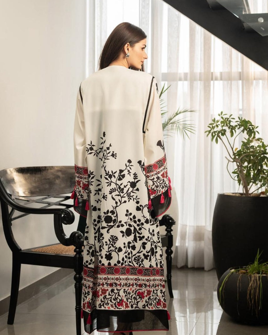 Monochrome Garden Kimono with Red Accents Three piece Suit